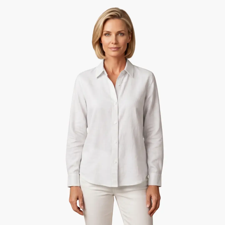 Classic women's long sleeve button-up blouse with a comfortable, relaxed fit; timeless casual shirt.