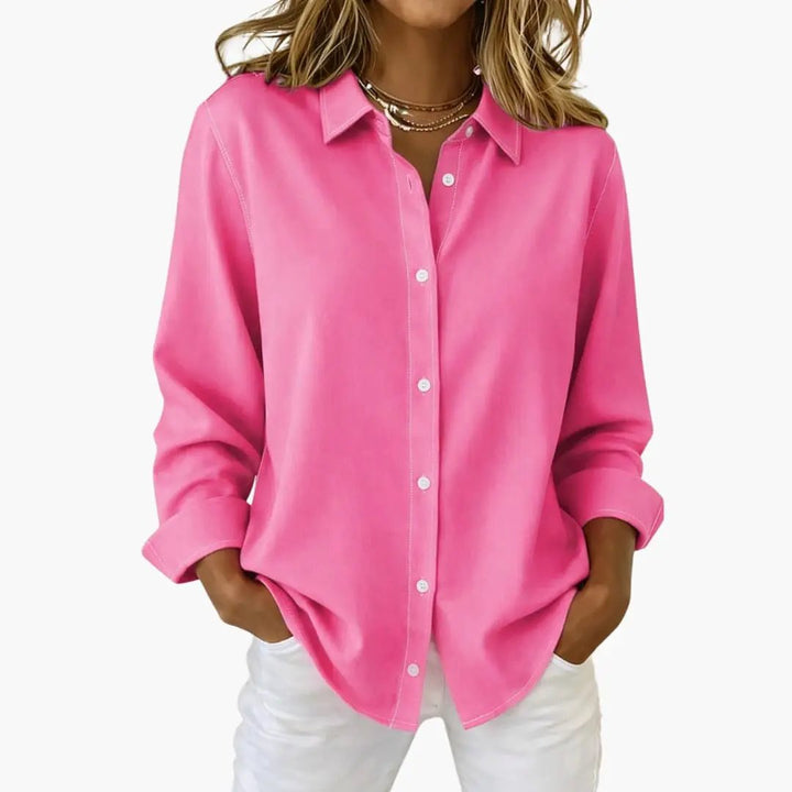 Front view: Women's relaxed fit button-up shirt, perfect for an effortless, versatile everyday look.