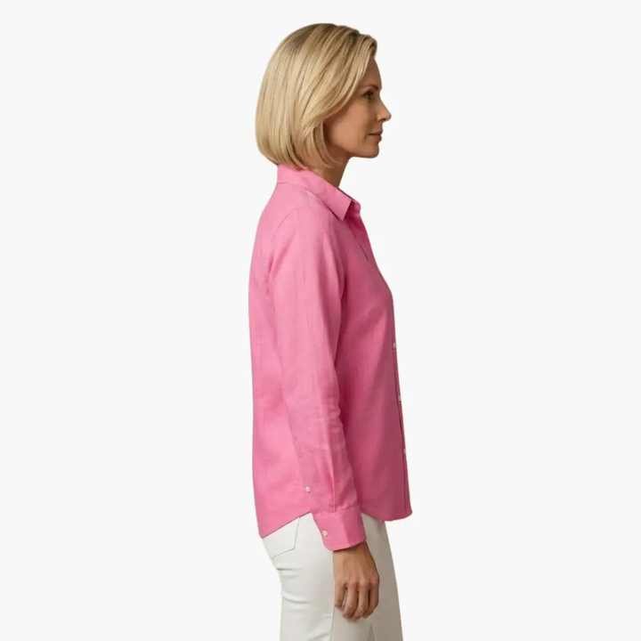 Timeless women's relaxed fit long sleeve button-up blouse, suitable for various casual outfits.