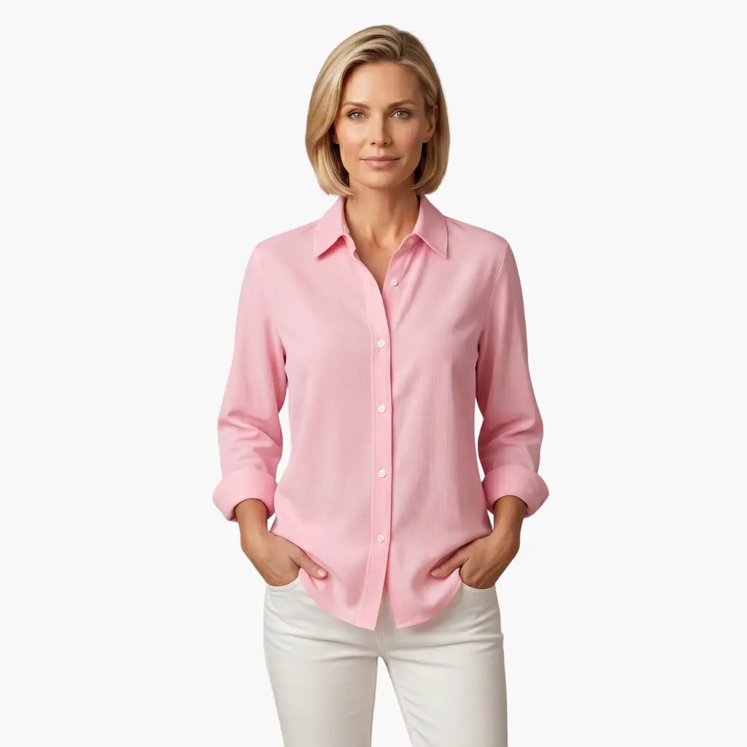 Versatile women's long sleeve button-up blouse, offering a relaxed fit for all-day comfort.