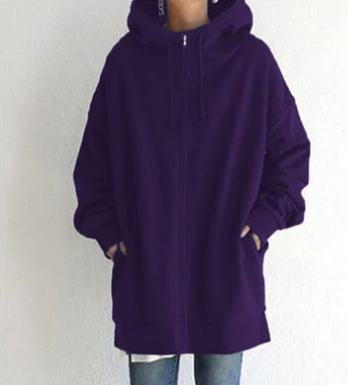 Back view of a women's full-zip hoodie. Relaxed fit design for comfortable athleisure and casual style.