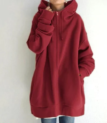 Detail shot: Full zip on a women's relaxed fit hoodie. Cozy, functional, and perfect for versatile layering.