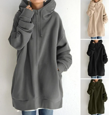 Versatile women's relaxed fit full-zip hoodie, great for layering, fall & winter casual fashion.