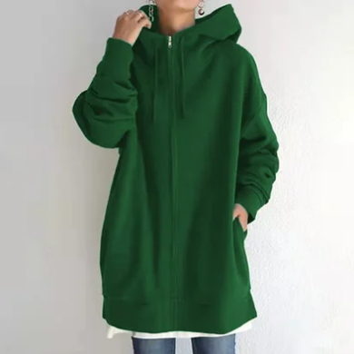 Woman wearing a comfortable, relaxed fit full-zip hoodie. Ideal for athleisure & everyday warmth.
