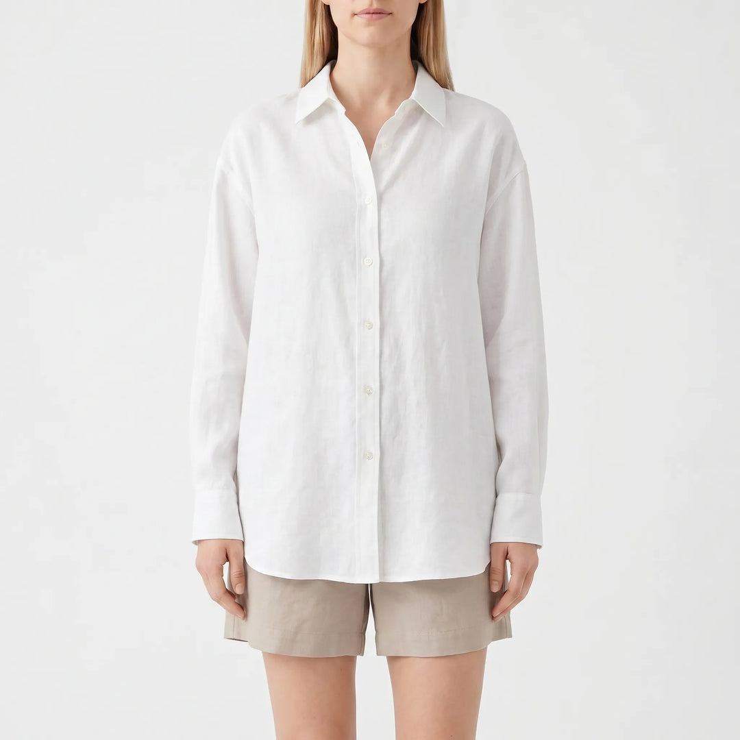 Effortless women's blouse, relaxed fit, shown worn. Versatile, comfortable, stylish summer top for everyday fashion.