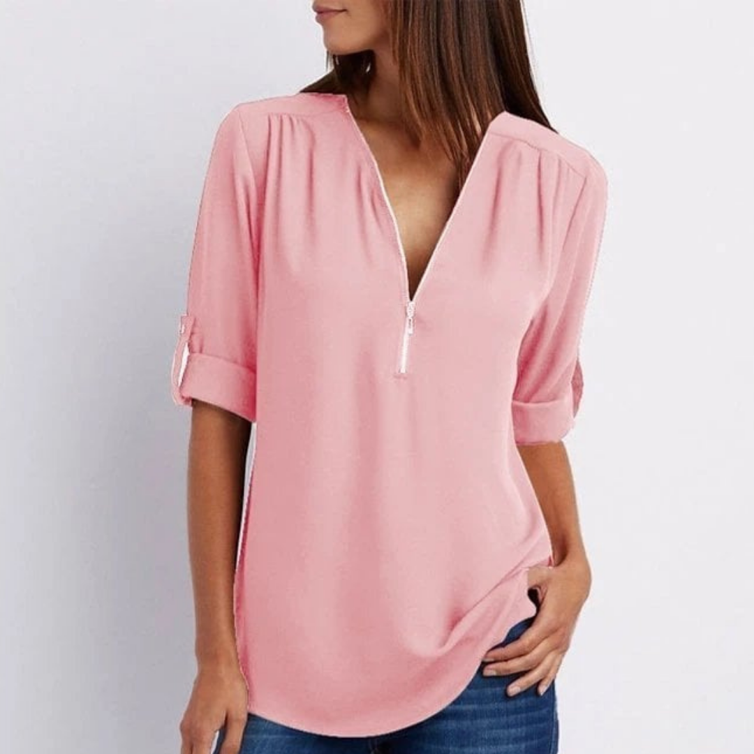 Women's effortless V-neck blouse with roll-up sleeves, perfect for versatile casual chic or office wear.