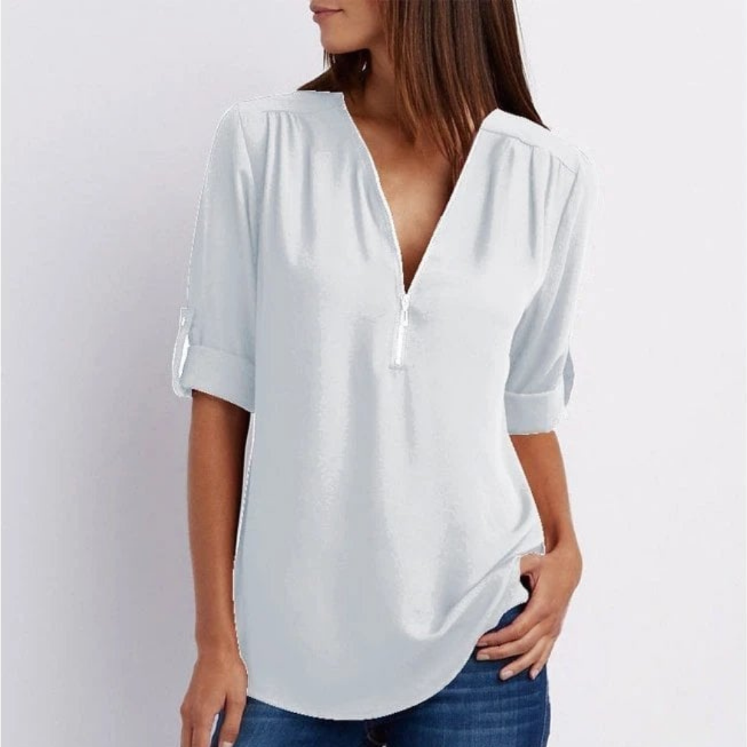 Comfortable women's long sleeve V-neck blouse with roll-up sleeves for relaxed fit & everyday wear.