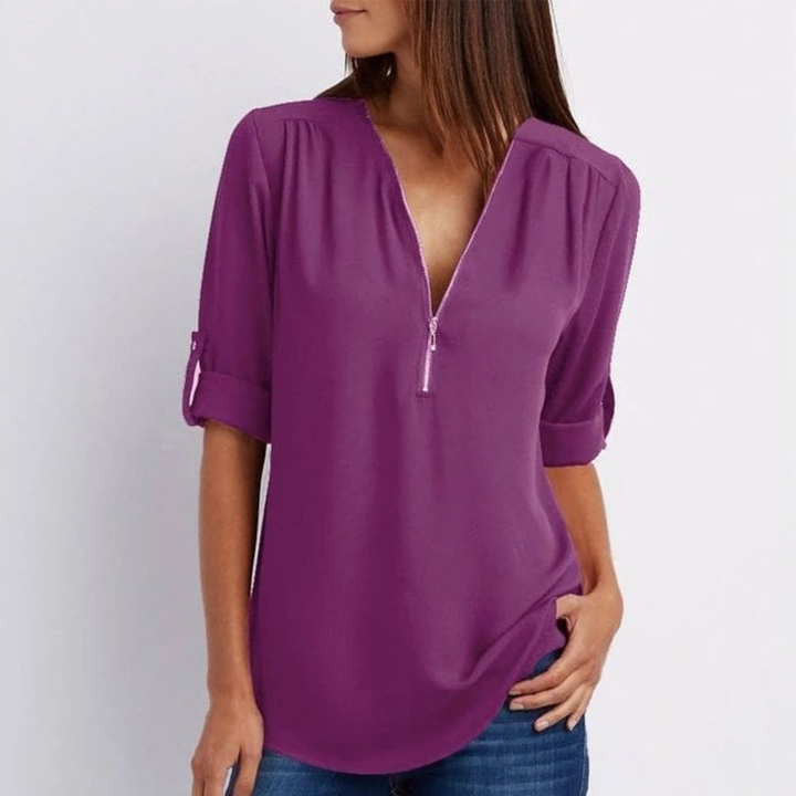 Chic women's V-neck blouse, long sleeves, and practical roll-up feature for effortless, adaptable styling.