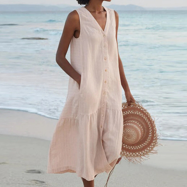 Women's effortless V-neck button-front midi dress, perfect for summer casual wear.