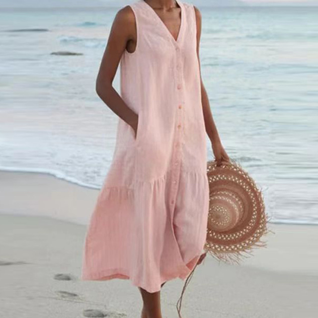 Effortless women's midi dress, sleeveless and flowy, featuring a button front for all-day comfort.