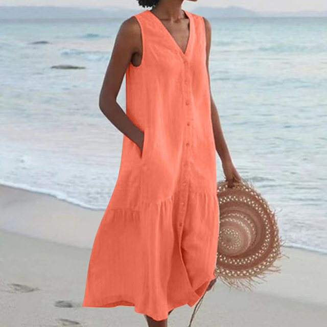 Elegant women's casual V-neck button-front midi dress, perfect for warm weather and outings.