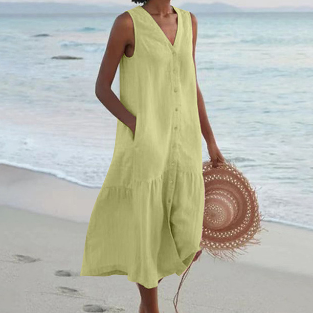 Versatile women's sleeveless midi dress, a button-front V-neck style ideal for any summer occasion.