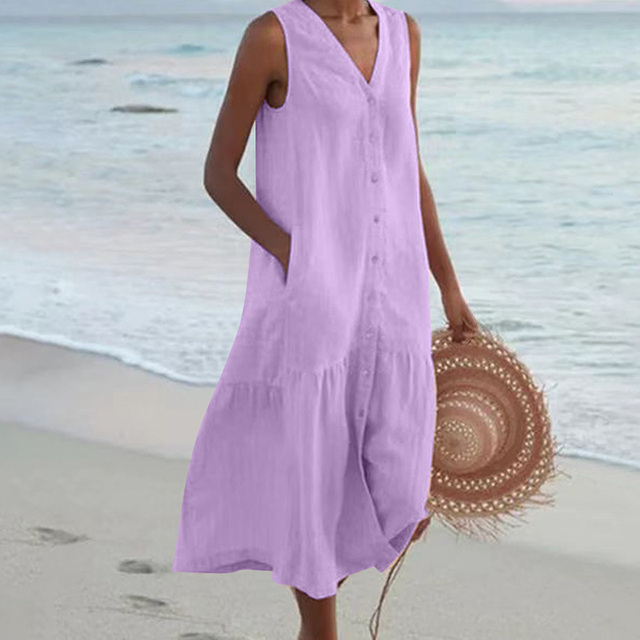 Comfortable women's summer midi dress, sleeveless with a flattering V-neck and full button front.