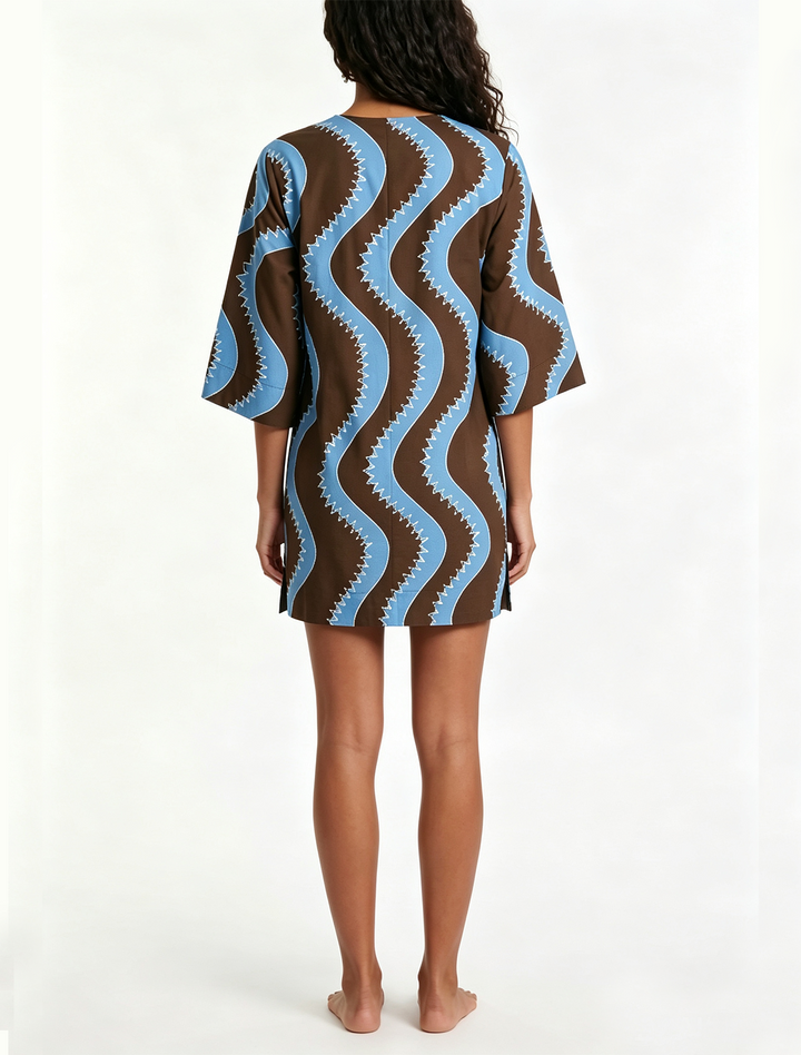 Casual summer wave print mini dress for women, collared with button front and elbow sleeves, great for day wear.