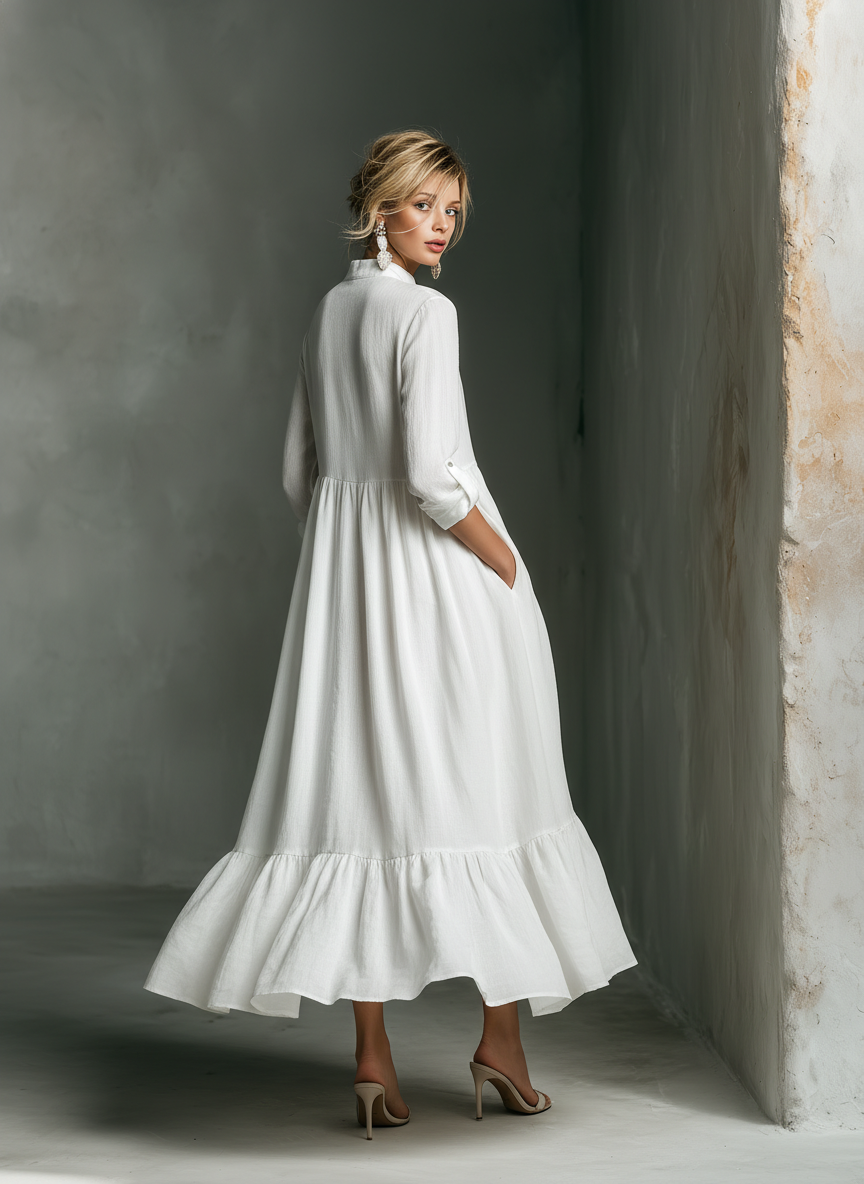 Casual women's white tiered maxi dress with long sleeves. Ideal for summer, beach vacations & resort wear, offering effortless style.