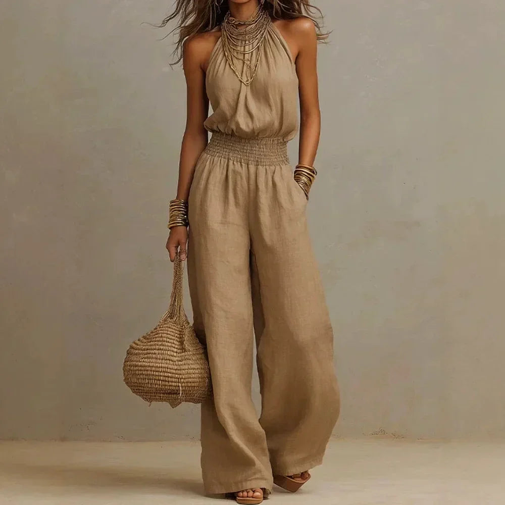 Women's effortless wide leg halter jumpsuit, perfect for comfortable summer wear & resort style.