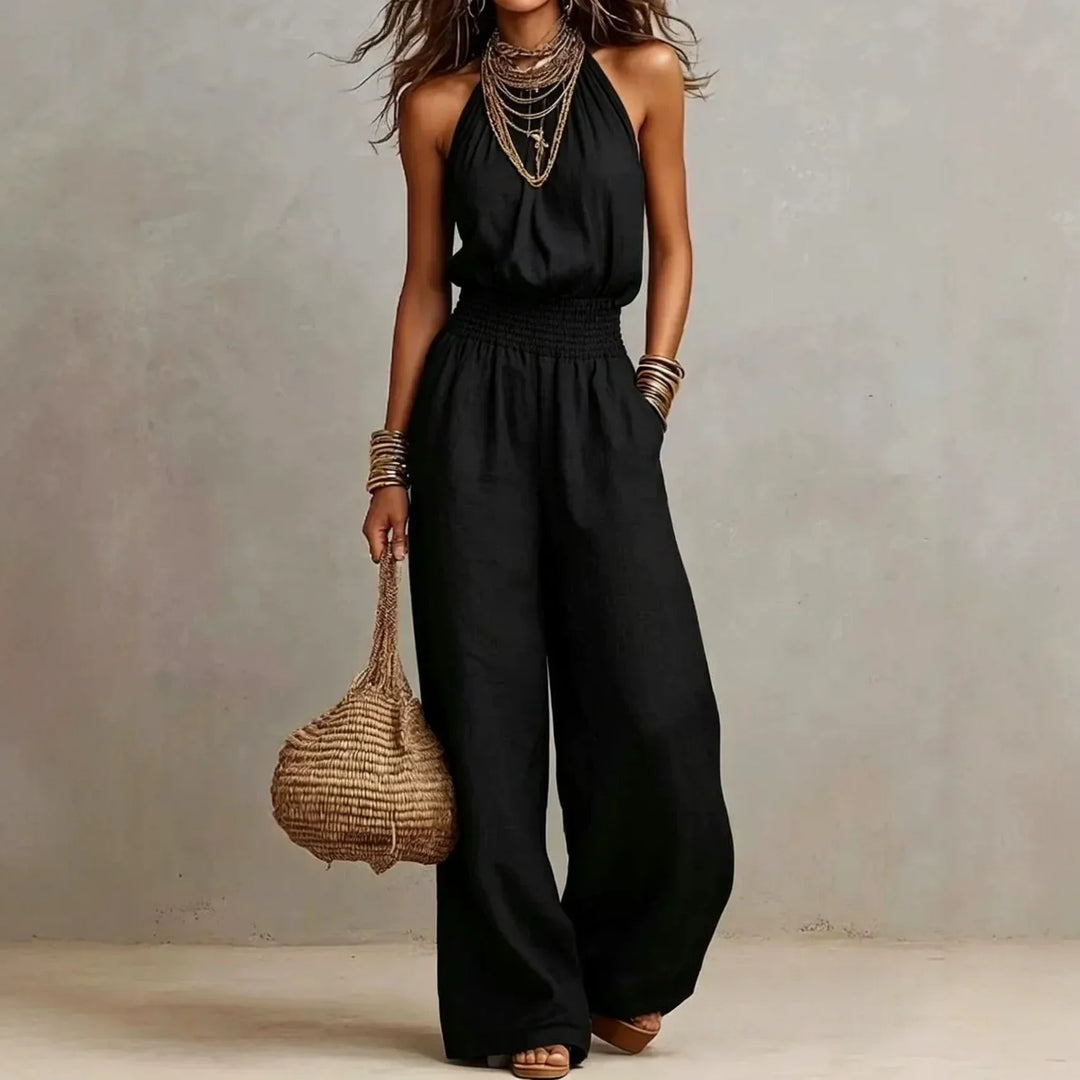Casual dressy women's wide leg halter jumpsuit, ideal for summer outfits and comfortable resort wear.