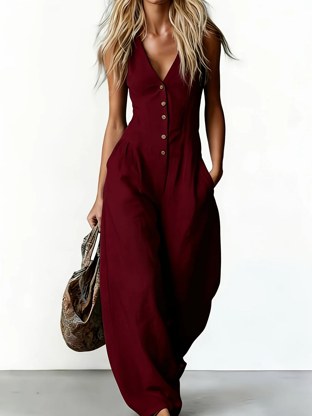 Comfortable women's wide-leg jumpsuit, relaxed fit, sleeveless, ideal for stylish summer fashion & casual warm-weather wear.