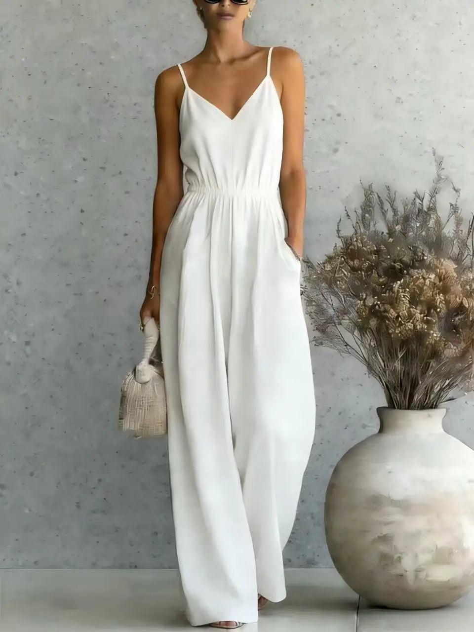 Women's effortless wide-leg jumpsuit with V-neck, perfect for casual summer wear or vacation. Relaxed fit.