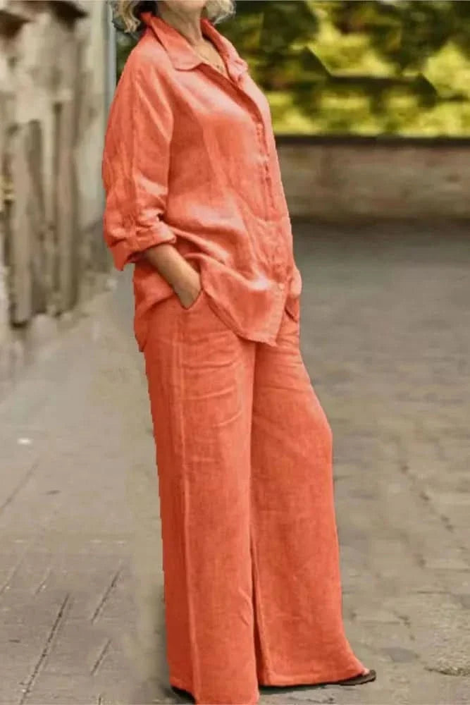 Women's effortless wide leg matching set. Comfortable two-piece lounge wear for casual summer style.