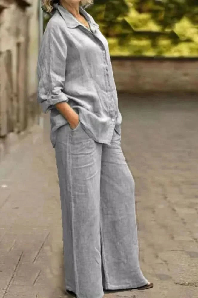 Chic women's wide leg two-piece matching set. Perfect comfortable lounge or resort wear for summer travel.
