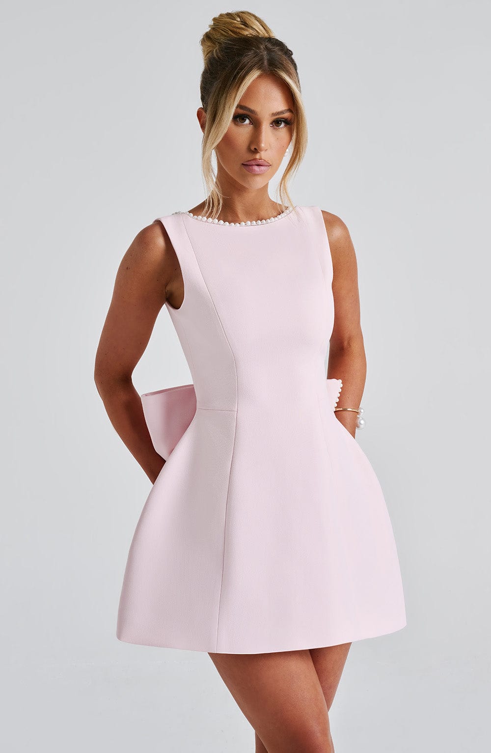 Flattering pearl trim A-line mini dress for women, ideal for homecoming, parties, or evening events.