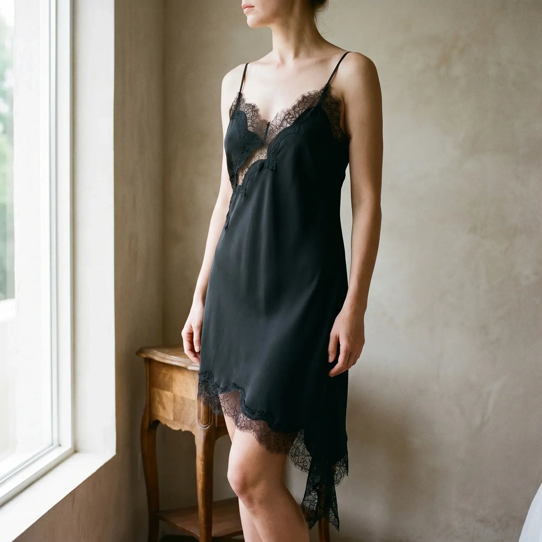 Women's elegant asymmetric lace slip dress with V-neck, perfect for evening wear & parties.