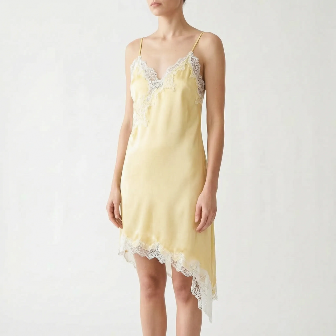 Glamorous women's V-neck slip dress, featuring elegant asymmetric lace and a flattering silhouette.