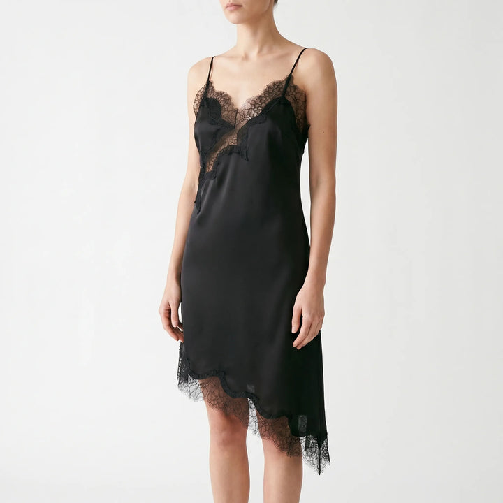 Elegant women's sleeveless V-neck slip dress, featuring a beautiful asymmetric lace design.