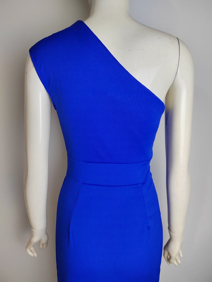 Stunning women's occasion wear: long formal evening gown, asymmetrical drape with a chic slit.