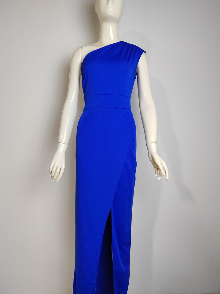 Front view of women's elegant asymmetrical drape formal maxi dress, ideal for evening parties.