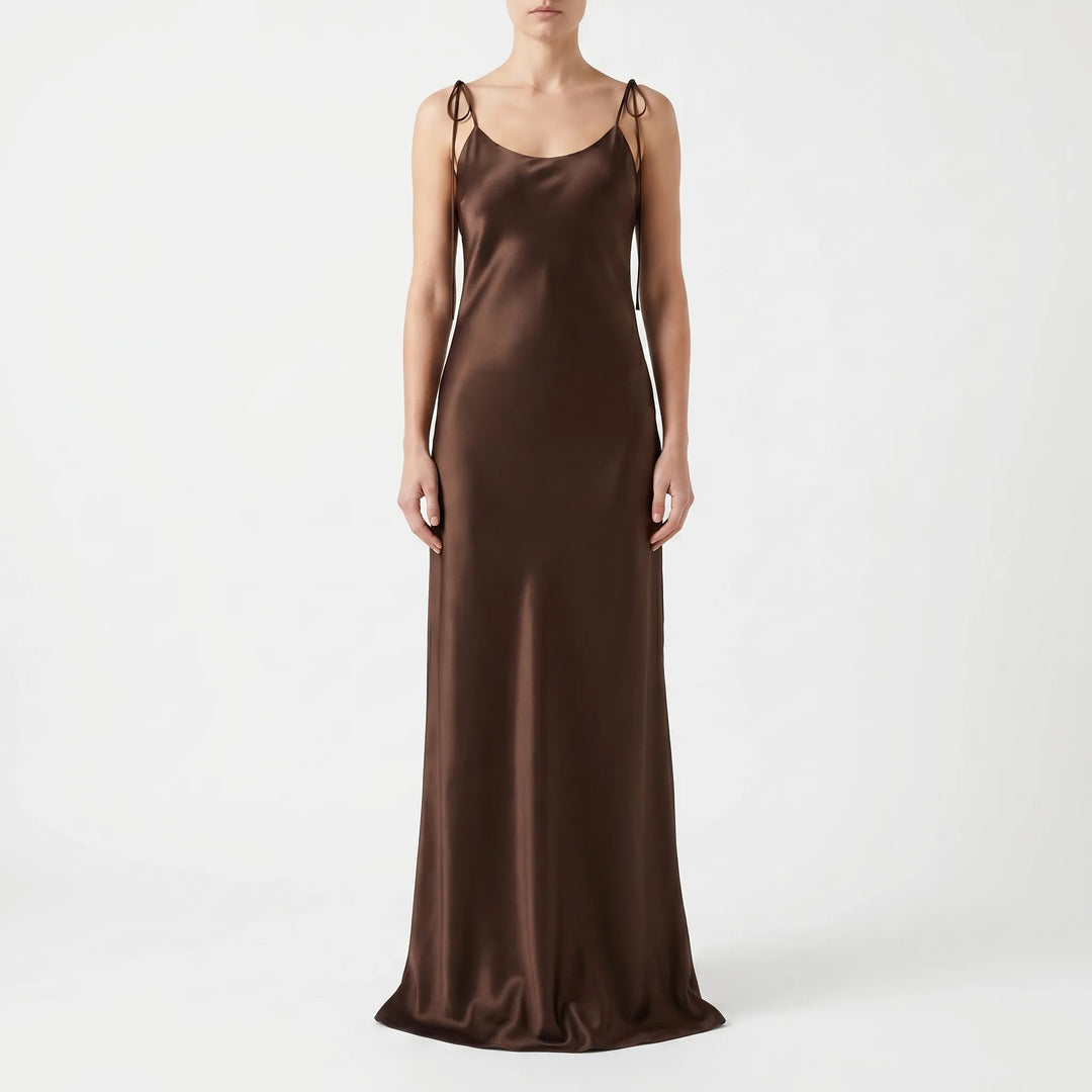 Sleek women's floor-length slip dress, backless design for formal and elegant evenings.