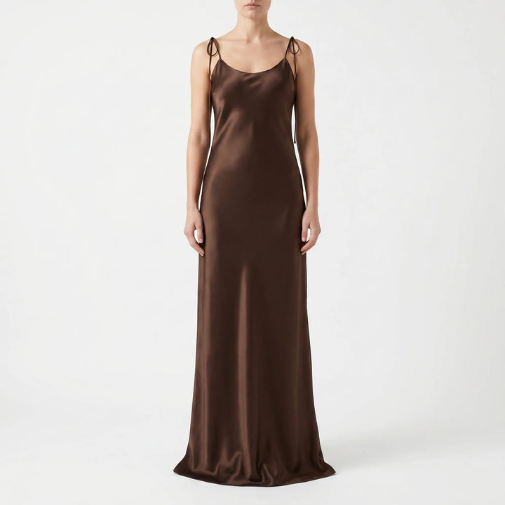 Sleek women's floor-length slip dress, backless design for formal and elegant evenings.
