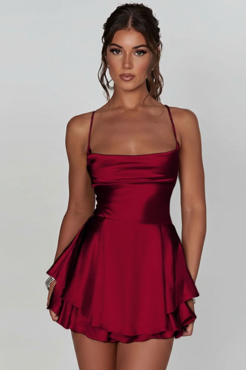 Women's elegant backless halter cocktail mini dress for parties & special occasions.