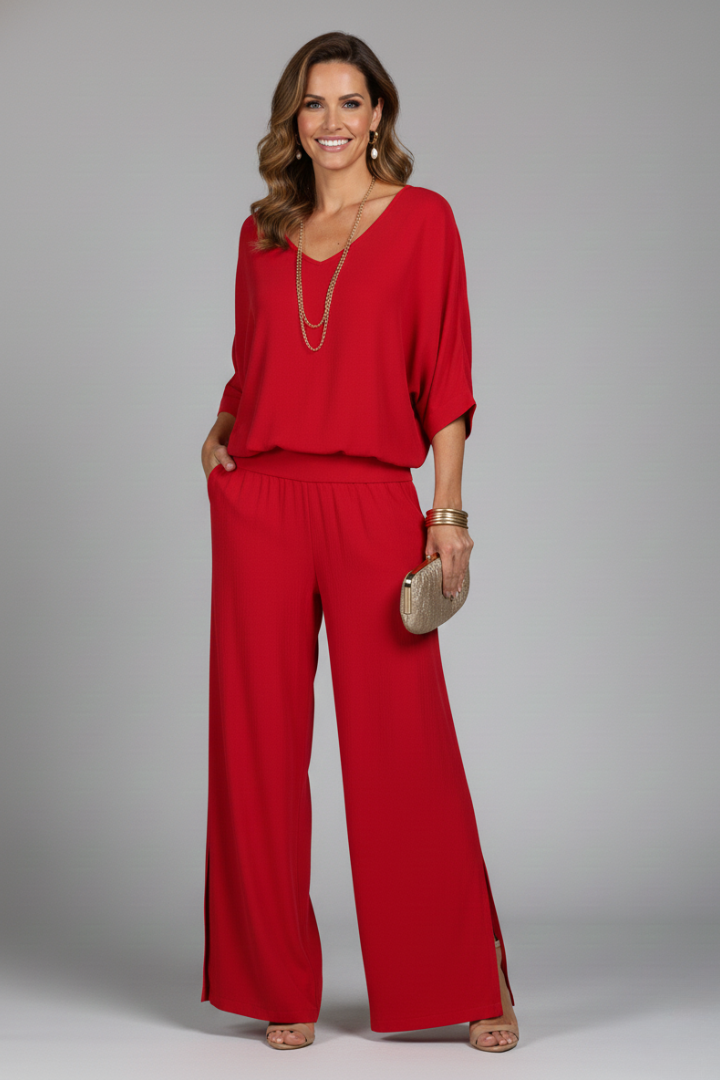 Women's elegant two-piece set with a graceful batwing top & trendy wide leg pants. Dress up or down.