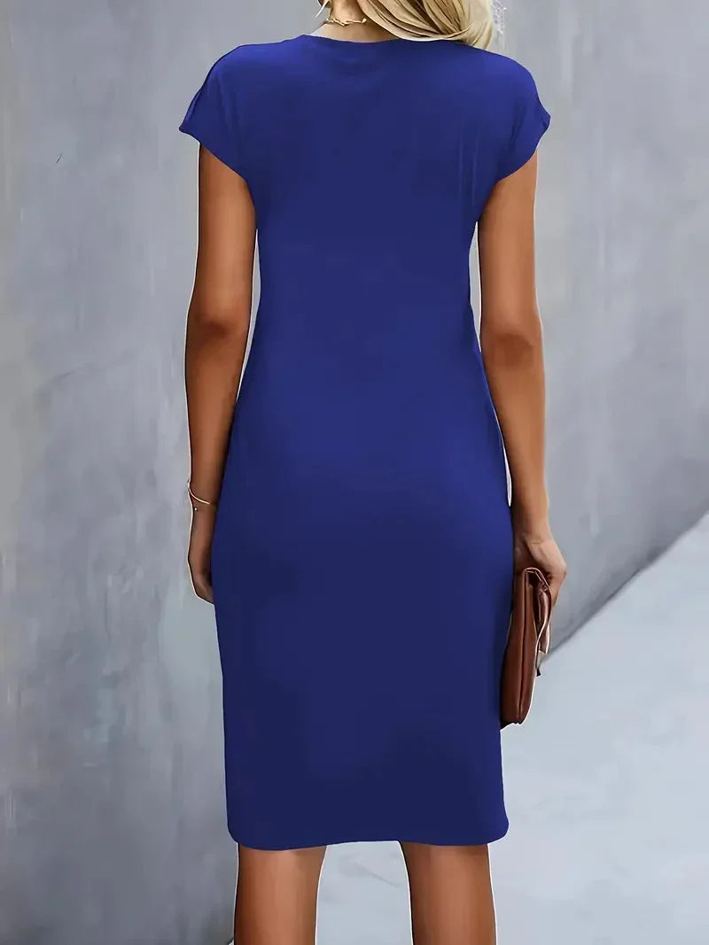 Forest green elegant midi dress, women's flattering round neck, perfect for fall events.
