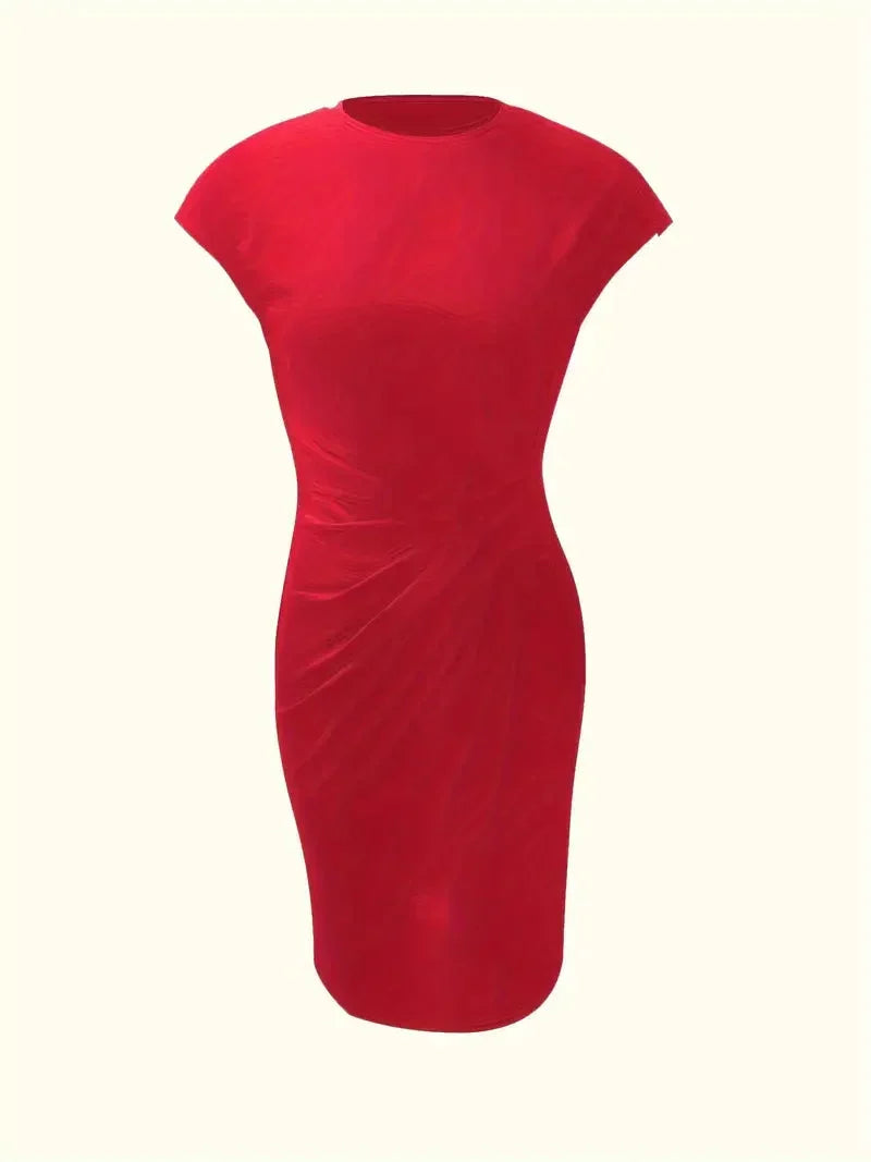 Women's elegant midi dress, round neck, perfect for a flattering fit and versatile styling.