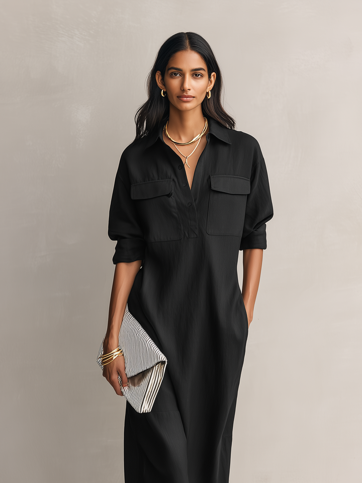 Versatile women's short sleeve midi dress with shirt collar, ideal for workwear or casual spring/summer fashion.