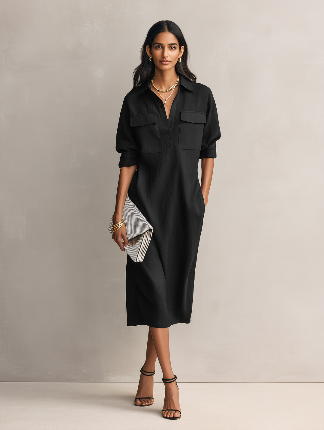 Chic women's black midi dress with a shirt collar, short sleeves, suitable for versatile elegant & casual summer wear.