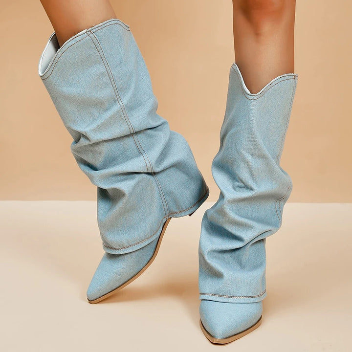 Women's elegant black pleated tall block heel boots with pointed toe. Perfect for fall/winter fashion.