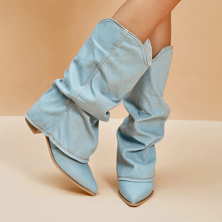 Stylish women's tall block heel boots with elegant pleated design & pointed toe. Ideal for dressy wear.