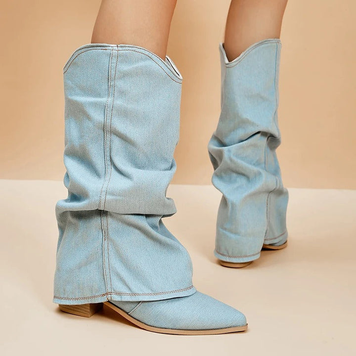 Pleated pointed-toe tall block heel boots for women. Slip-on design for elegant fall/winter fashion.