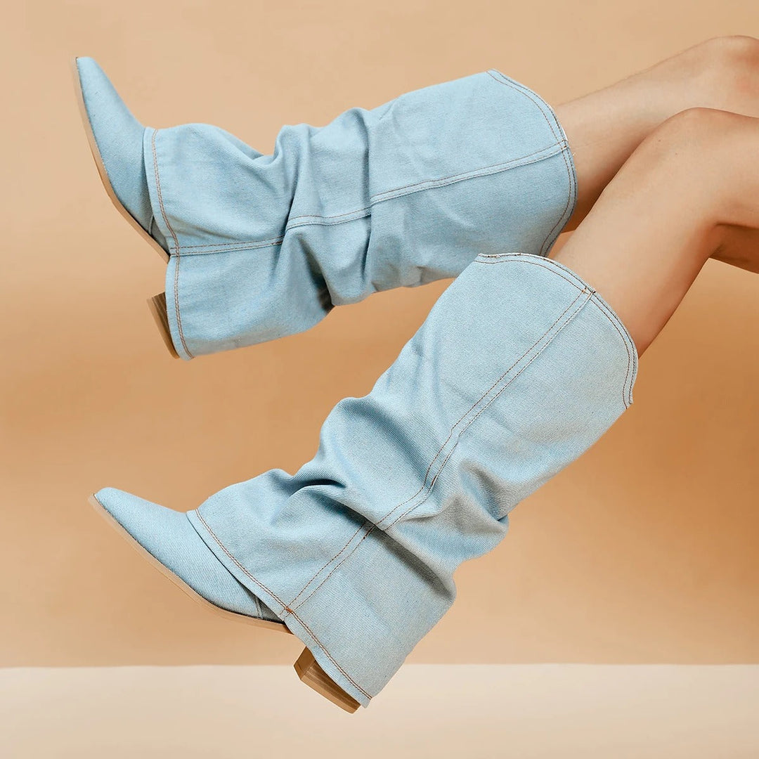 Women's comfortable everyday tall block heel boots with stylish pleated pointed-toe design.