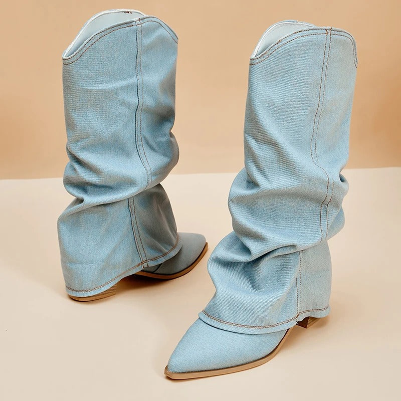 Fall/Winter fashion women's pleated tall block heel boots. Elegant pointed-toe dress boots.