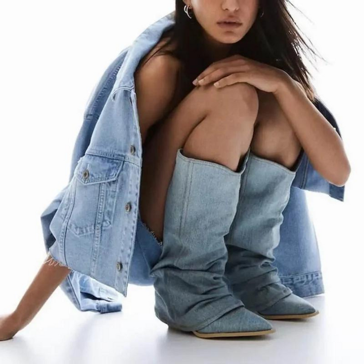 Women's fashion-forward pleated tall block heel boots. Pointed-toe design for elegant dress or everyday style.