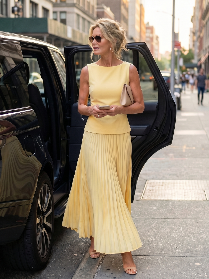 Women's stunning yellow two-piece set: structured sleeveless top and a stylish pleated maxi skirt.