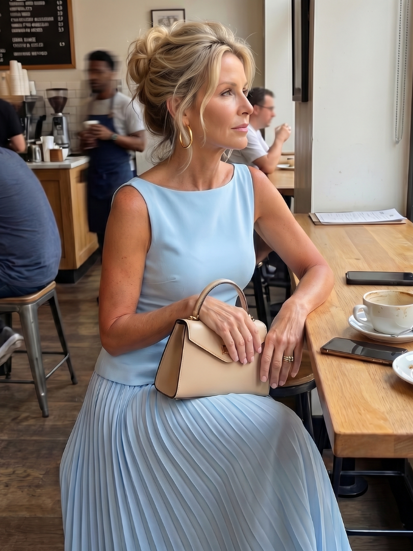 Versatile yellow women's two-piece: structured top and graceful pleated maxi skirt, ideal for events.