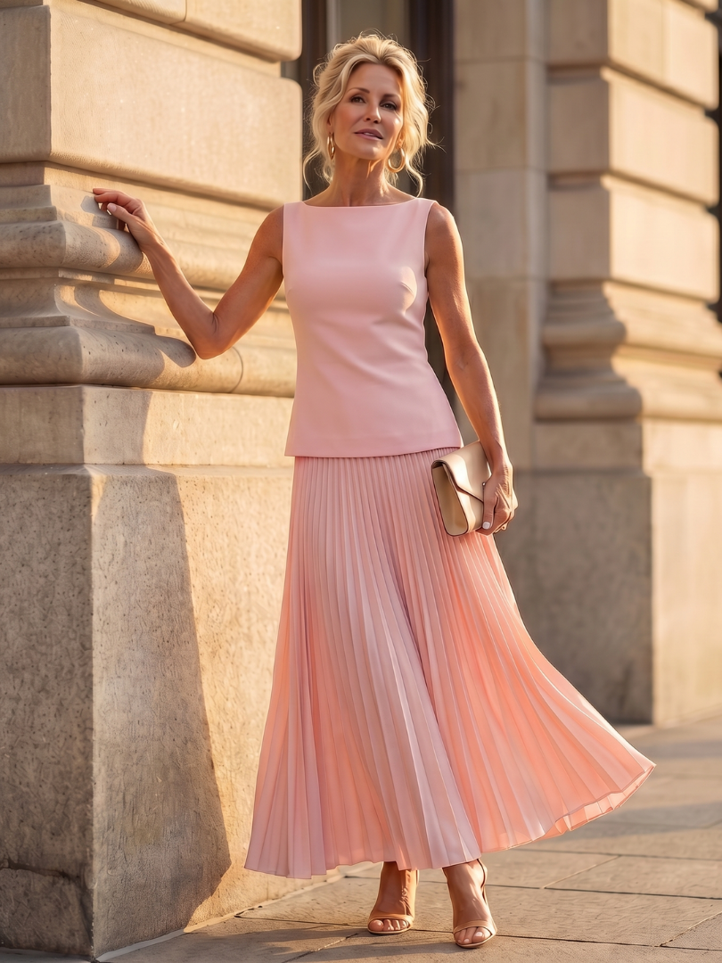 Vibrant yellow women's skirt set: structured sleeveless top paired with a graceful pleated maxi skirt.