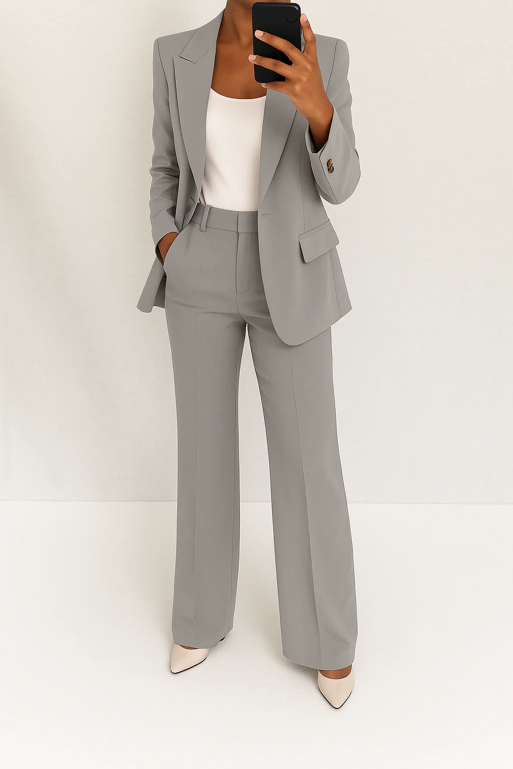 Professional women's two-piece suit set with a stylish blazer and wide-leg trousers for office wear.