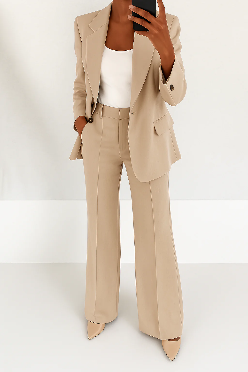 Formal women's pantsuit set: chic blazer and elegant wide-leg pants. Ideal for business & special events.